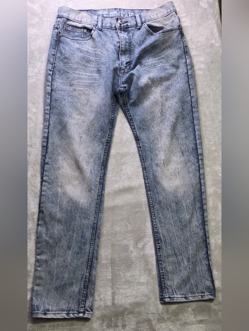 Vintage Genes Men's Acid Wash Jeans 34x32 Slim Fit Blue